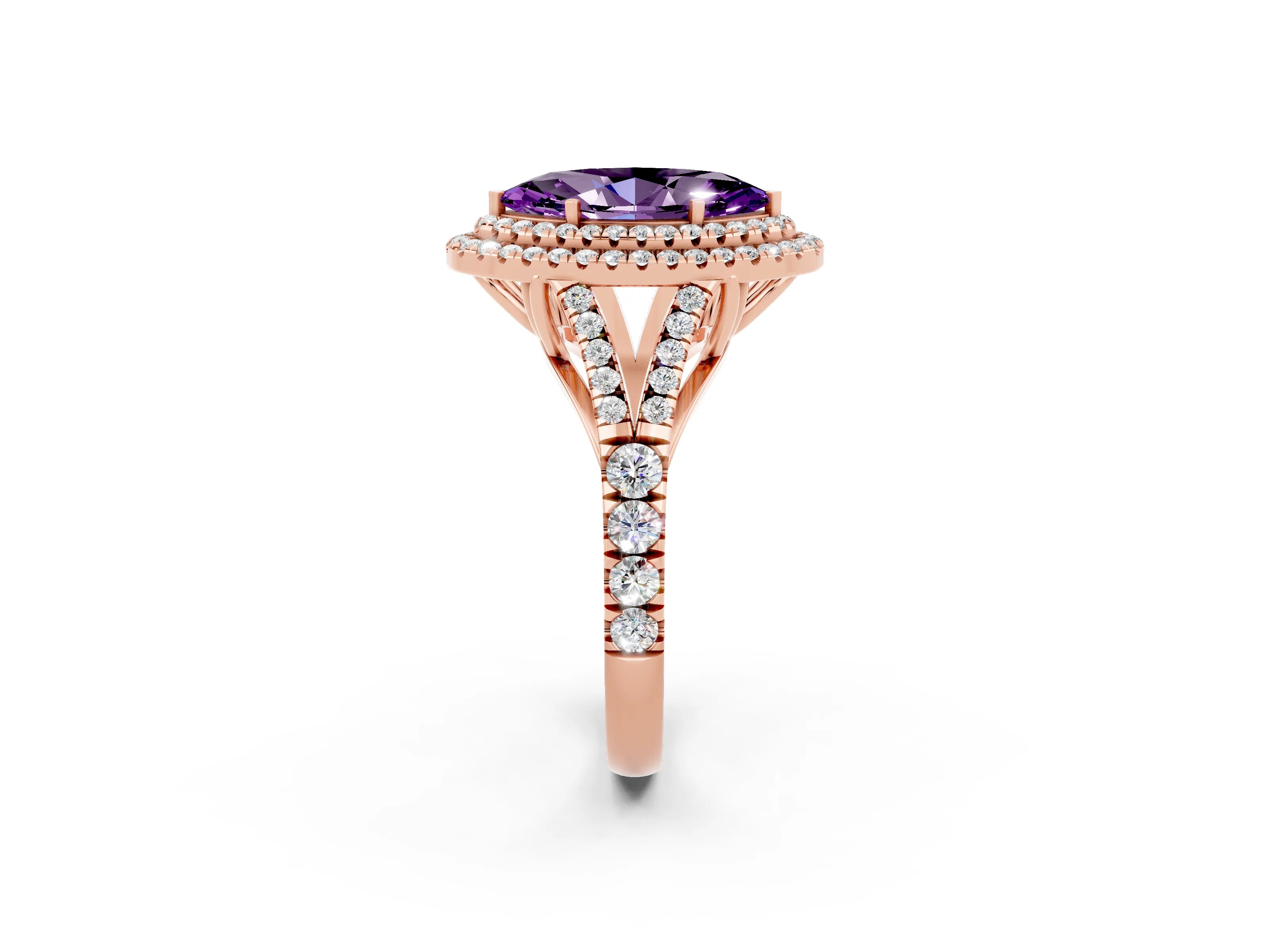 Rose gold Marquise Cut Amethyst Pavé Split Shank Double Halo Engagement Ring_2
