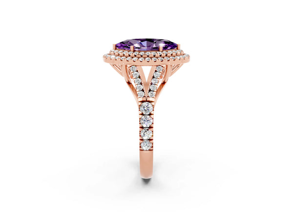 Rose gold Marquise Cut Amethyst Pavé Split Shank Double Halo Engagement Ring
