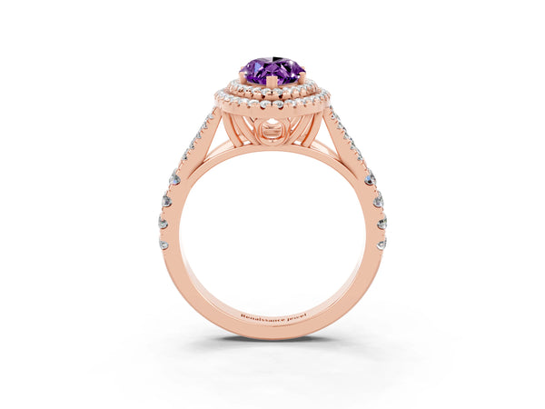 Rose gold Marquise Cut Amethyst Pavé Split Shank Double Halo Engagement Ring