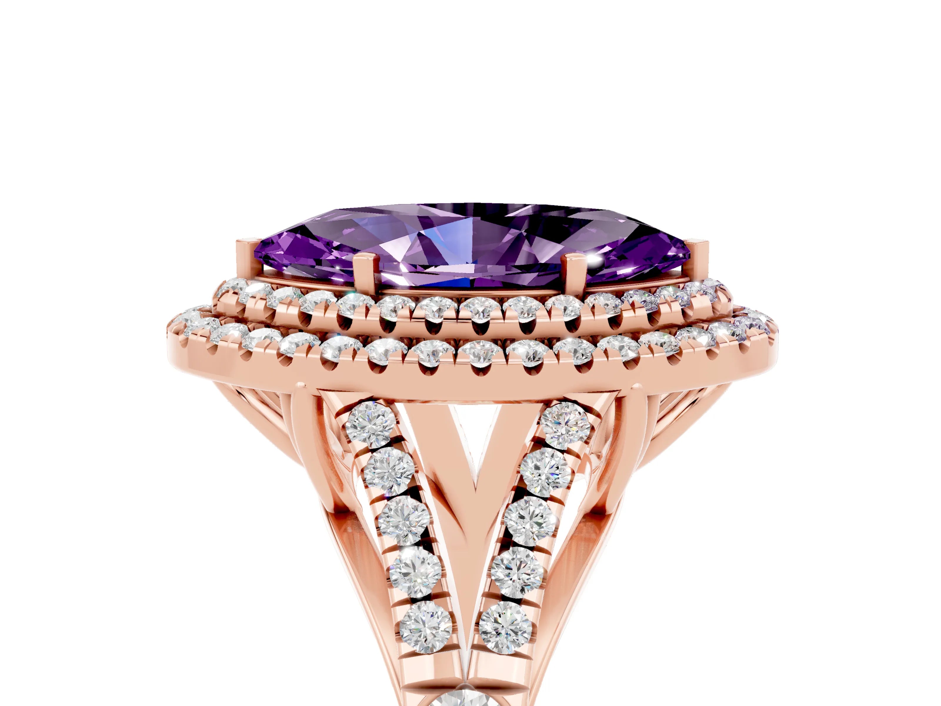Rose gold Marquise Cut Amethyst Pavé Split Shank Double Halo Engagement Ring_5