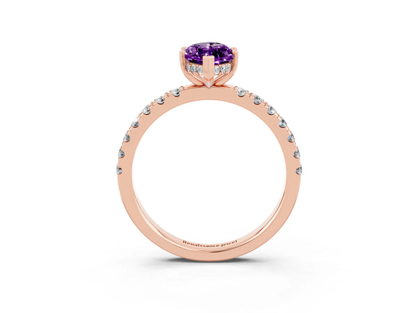 Rose gold Marquise Cut Amethyst Pave Band Solitaire Ring with Round  and Prong Setting