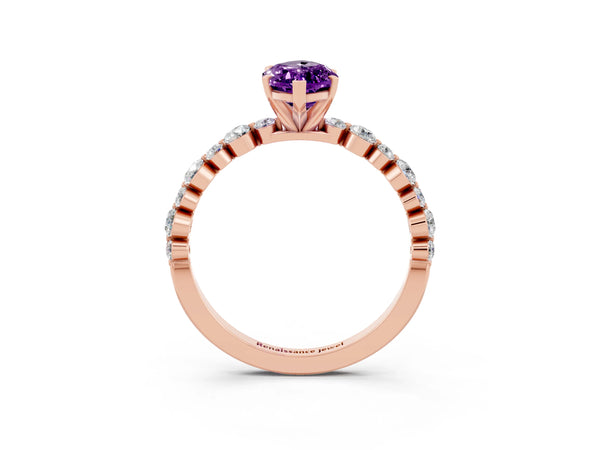Rose gold Marquise Cut Amethyst Prong Set Engagement Ring with Pavé Band