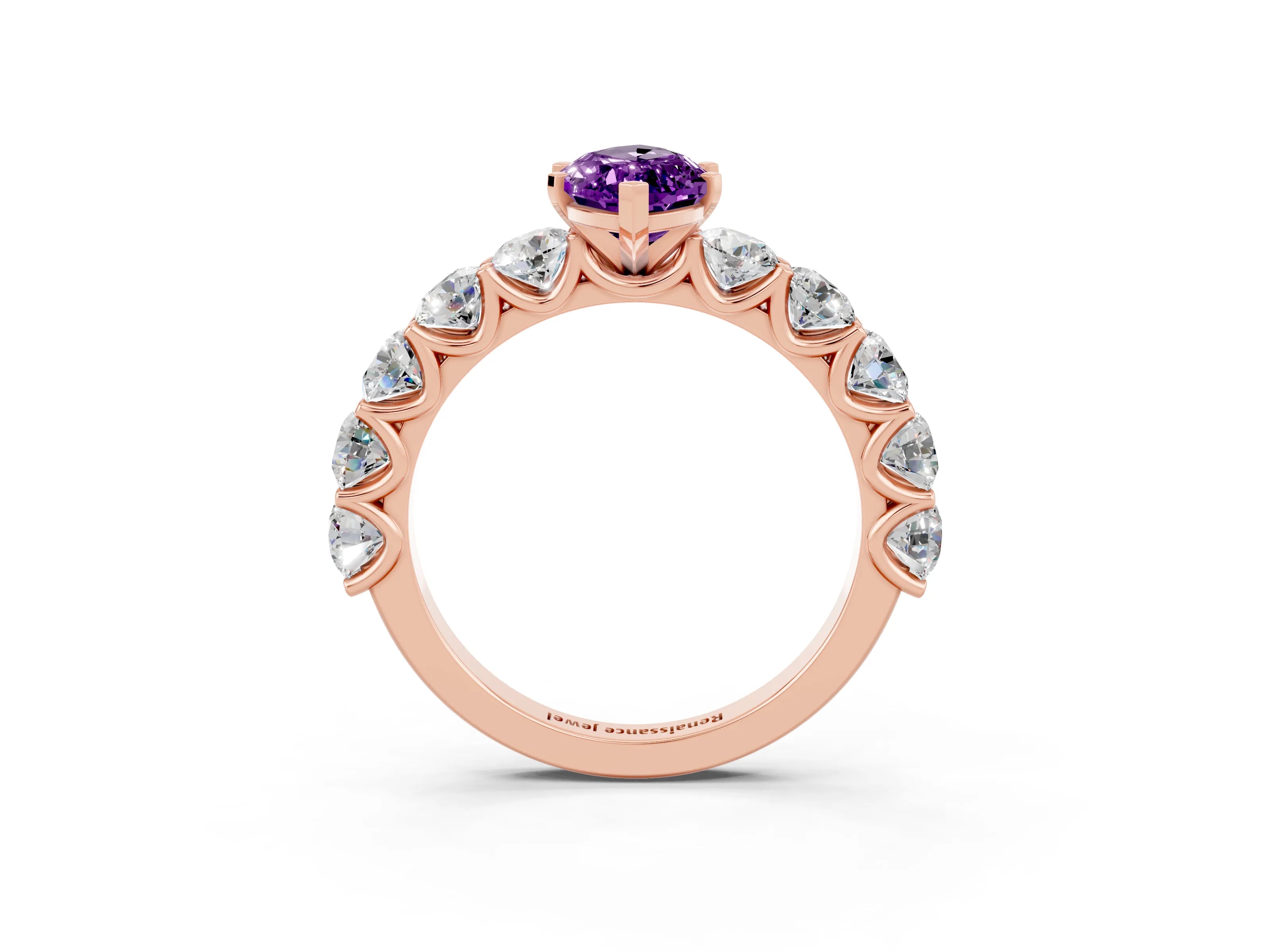 Rose gold Marquise Cut Amethyst Prong Setting with Side Stones on a Pave Band_3