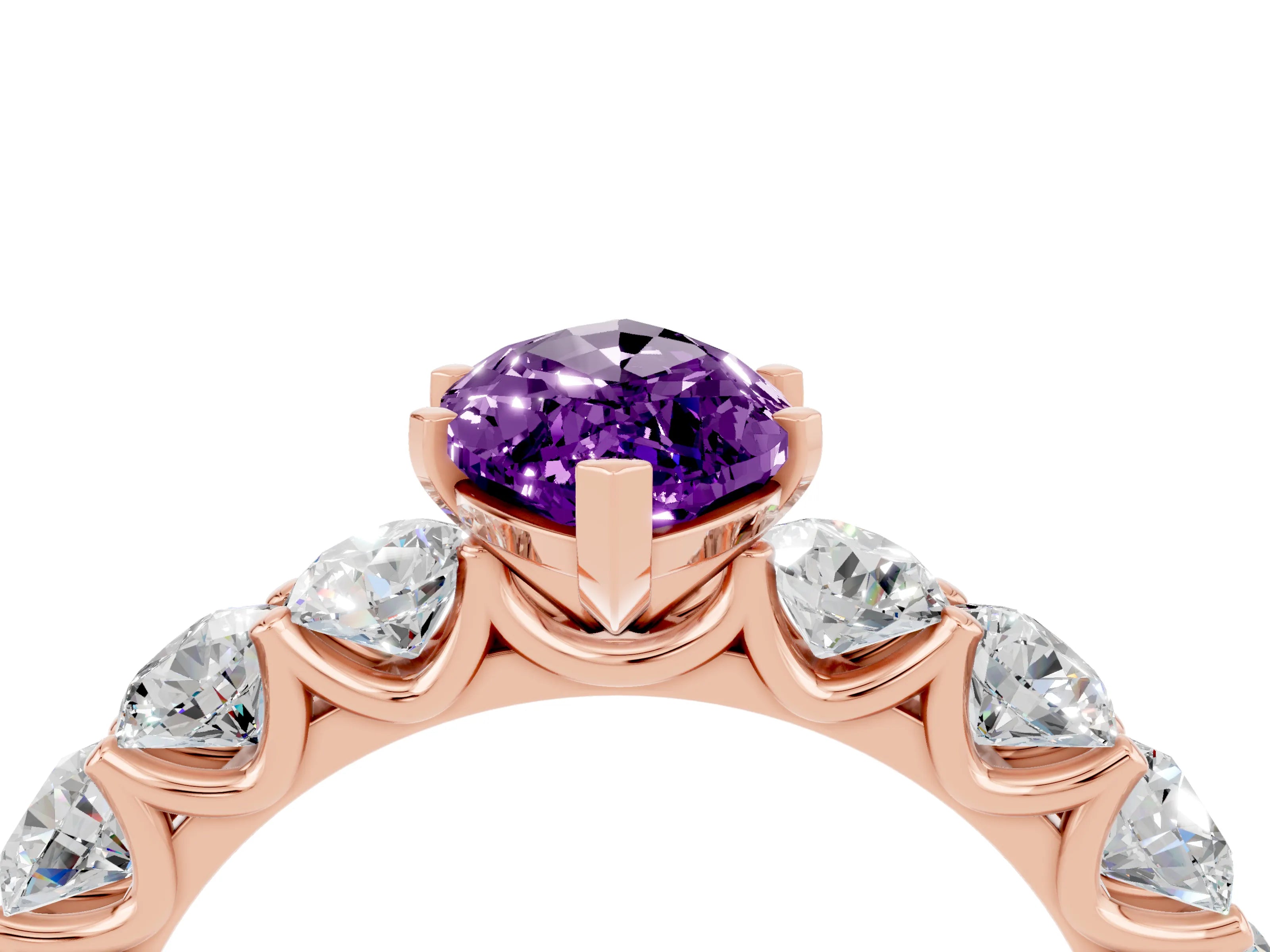 Rose gold Marquise Cut Amethyst Prong Setting with Side Stones on a Pave Band_4