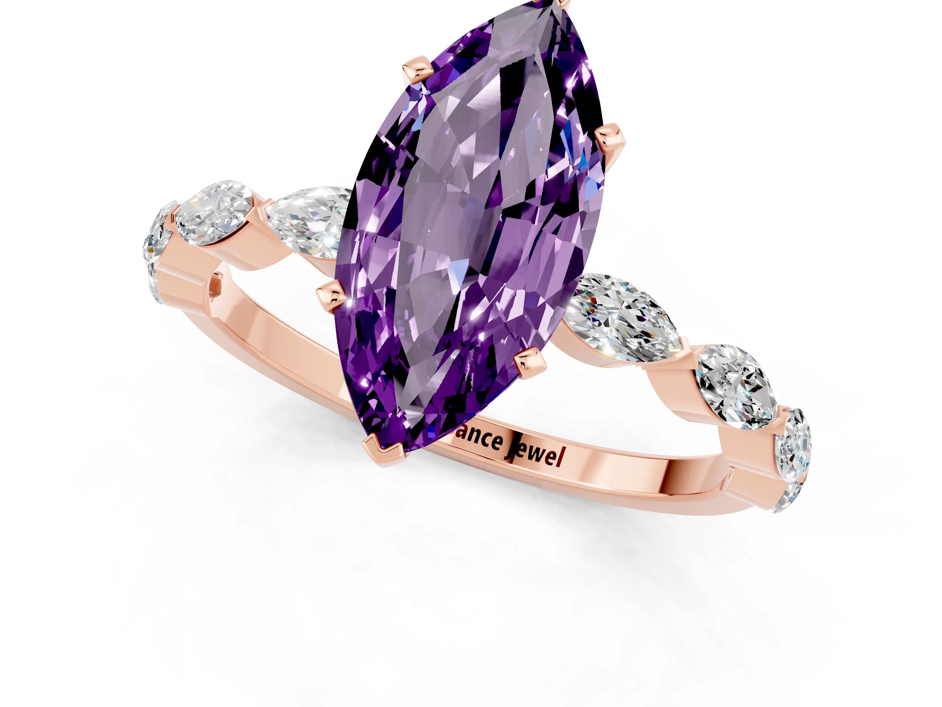 Rose gold Marquise Cut Amethyst Ring with Marquise Side Stones and Prong Setting_1