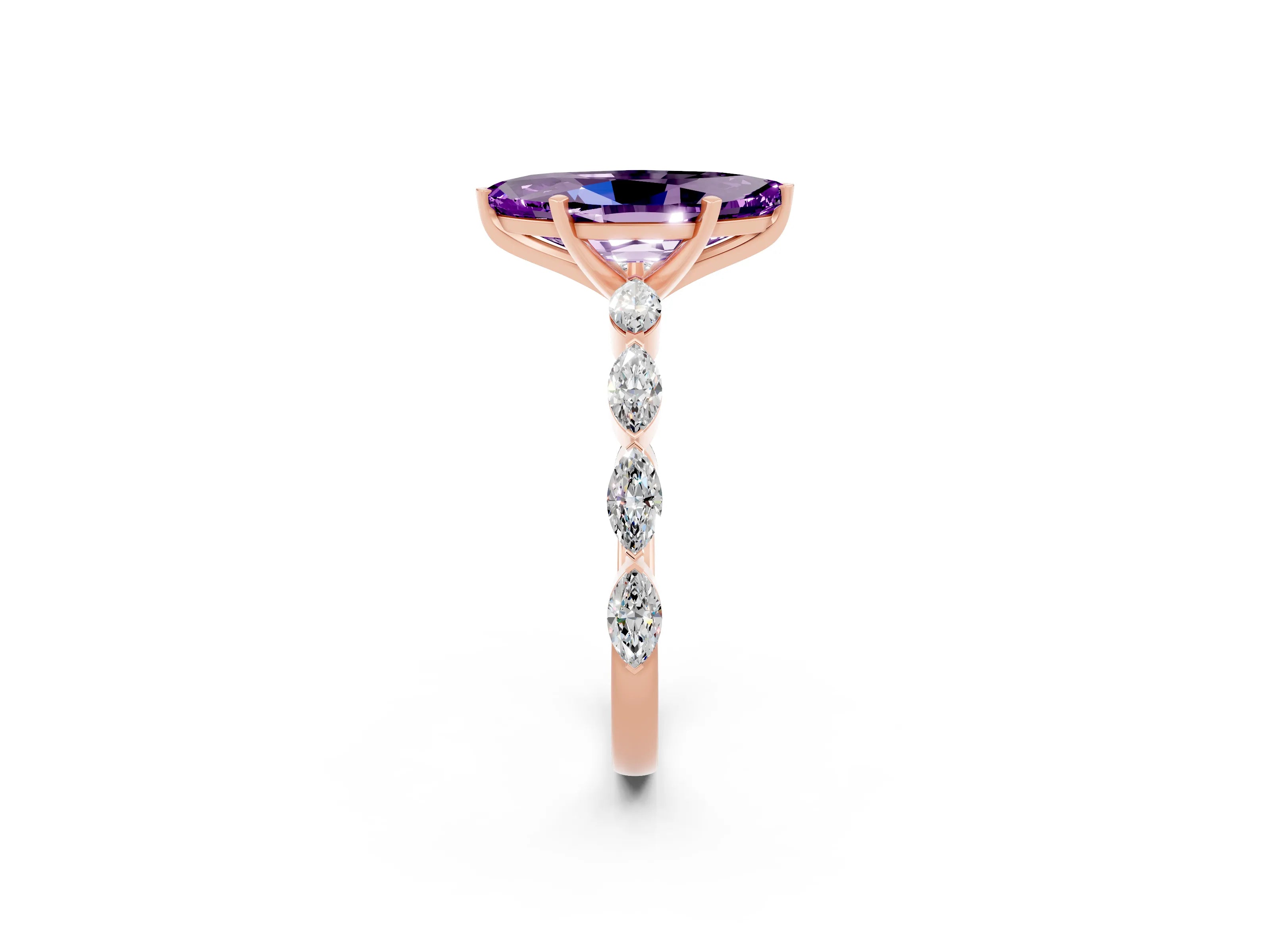 Rose gold Marquise Cut Amethyst Ring with Marquise Side Stones and Prong Setting_2