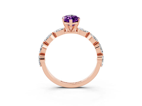 Rose gold Marquise Cut Amethyst Ring with Marquise Side Stones and Prong Setting_3