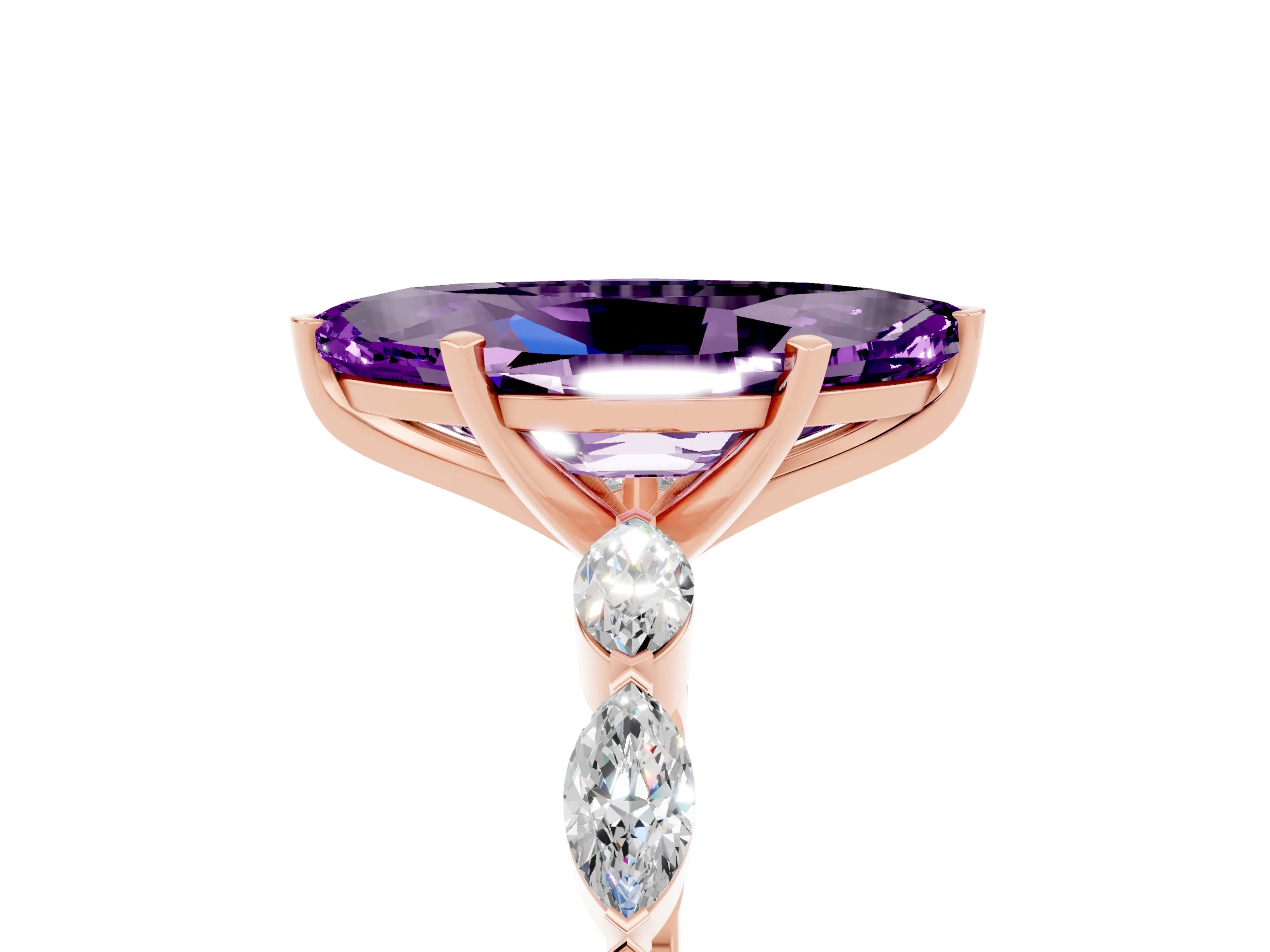 Rose gold Marquise Cut Amethyst Ring with Marquise Side Stones and Prong Setting_5
