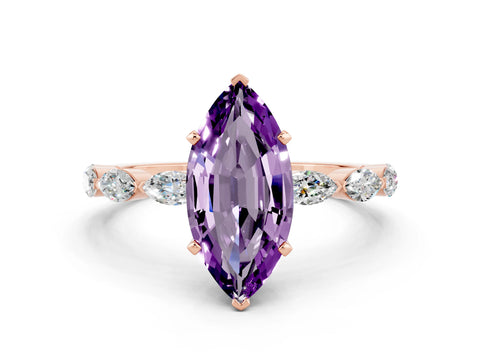 Rose gold Marquise Cut Amethyst Ring with Marquise Side Stones and Prong Setting