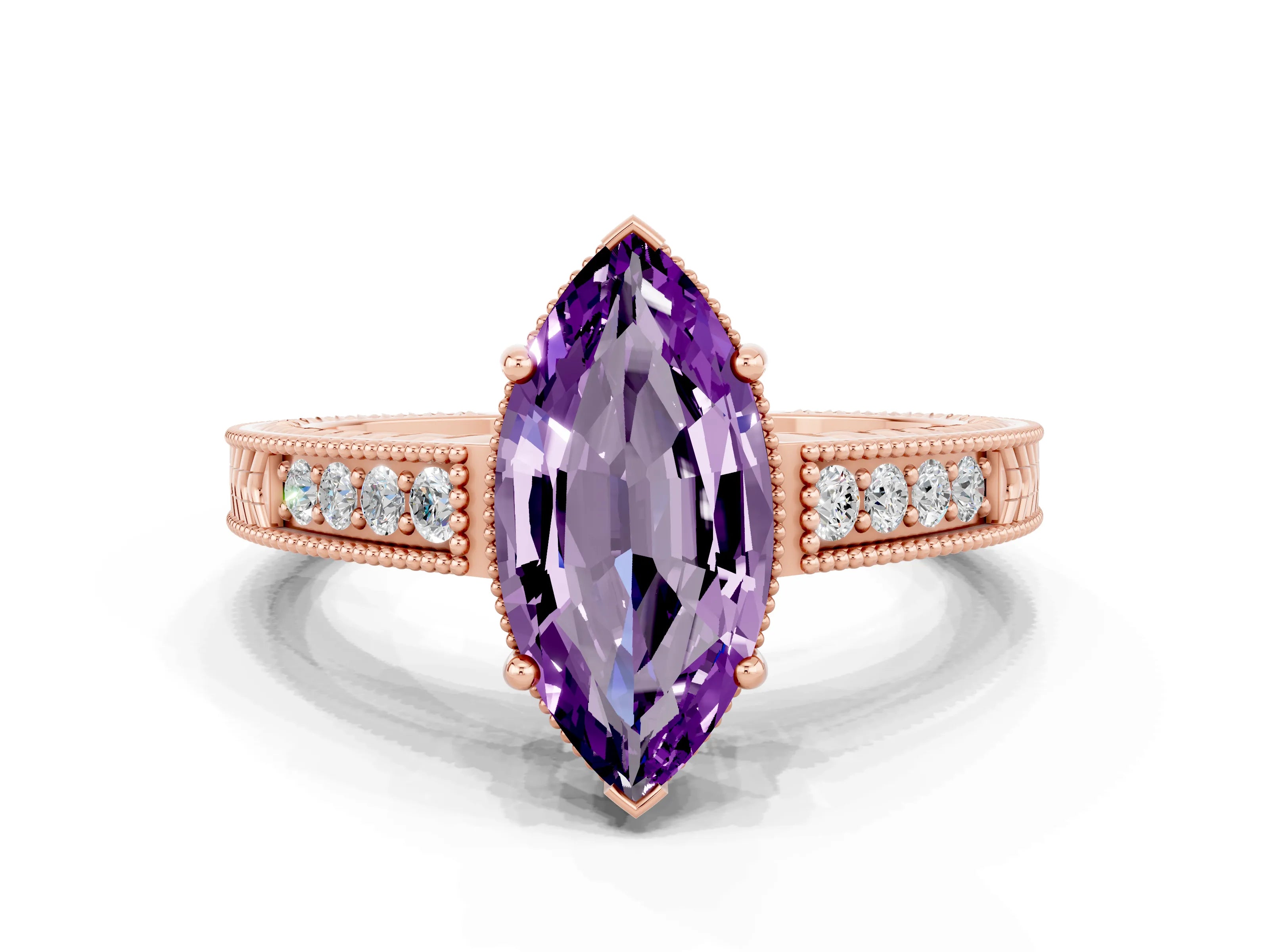 Rose gold Marquise Cut Amethyst Ring with Milgrain Pavé Band and Four-Prong Setting_12