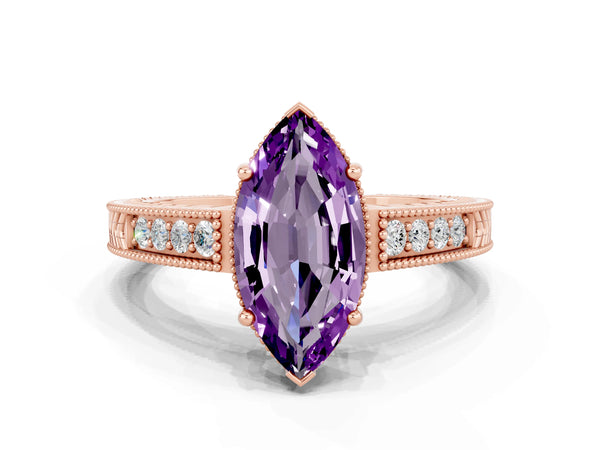 Rose gold Marquise Cut Amethyst Ring with Milgrain Pavé Band and Four-Prong Setting