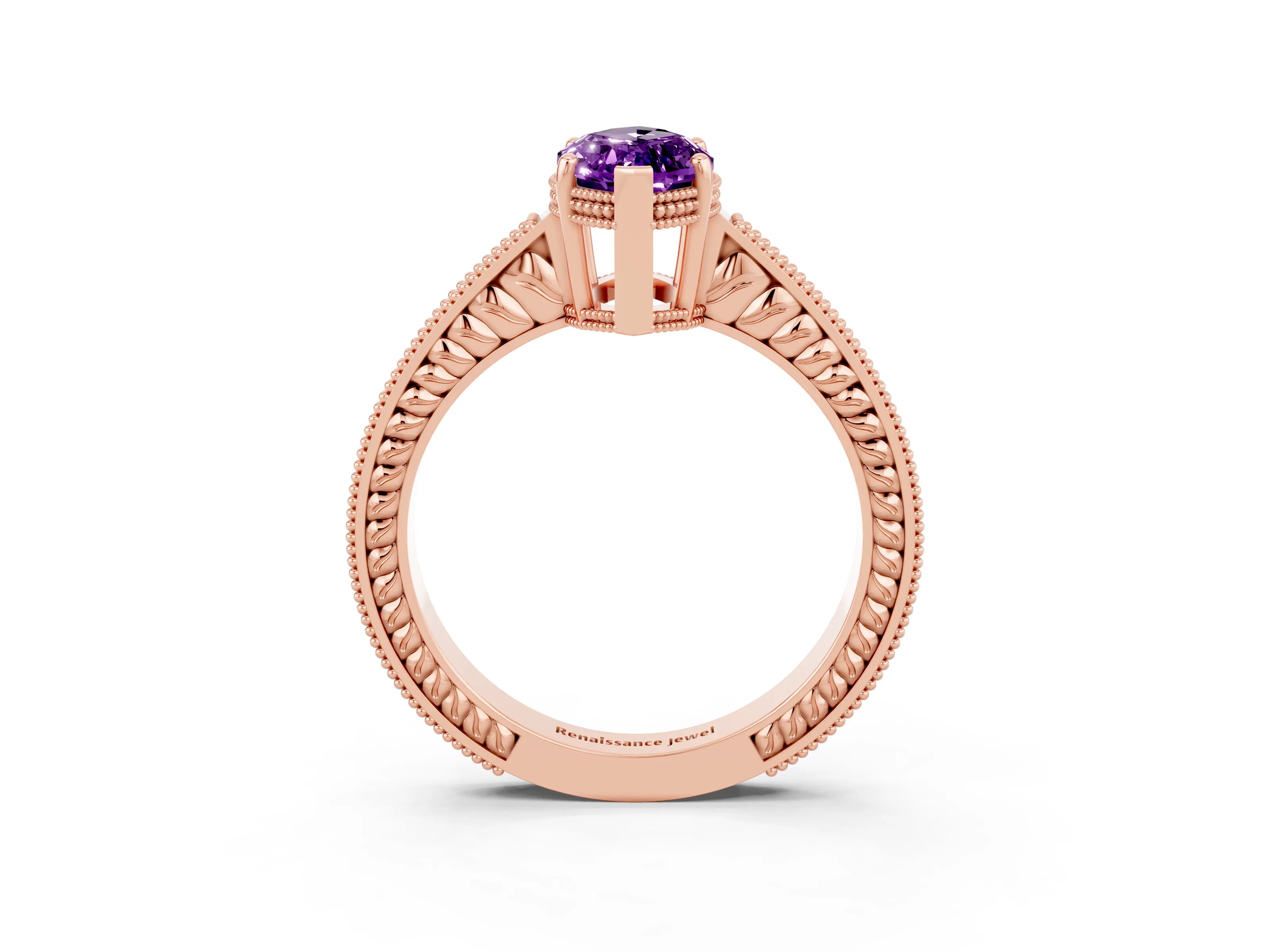 Rose gold Marquise Cut Amethyst Ring with Milgrain Pavé Band and Four-Prong Setting_15