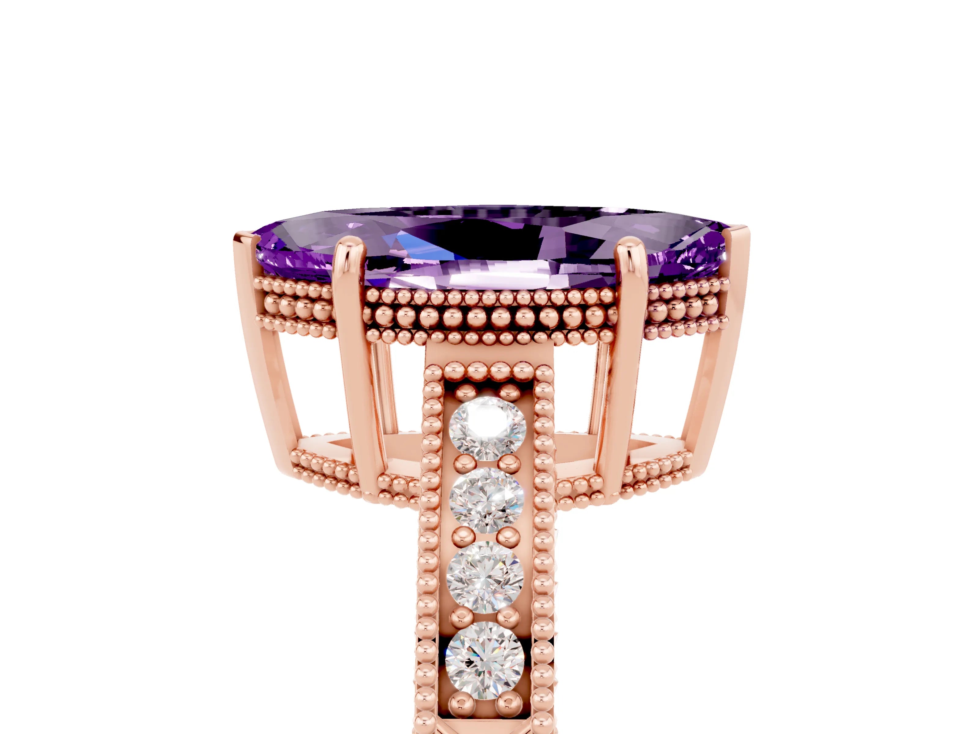 Rose gold Marquise Cut Amethyst Ring with Milgrain Pavé Band and Four-Prong Setting_17
