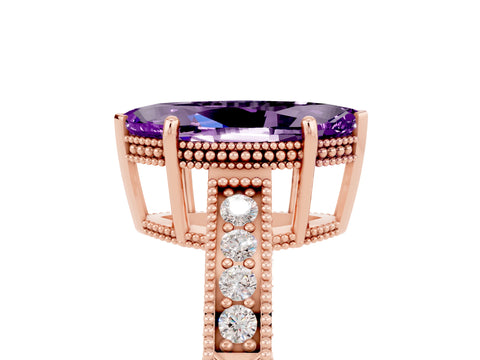 Rose gold Marquise Cut Amethyst Ring with Milgrain Pavé Band and Four-Prong Setting_17