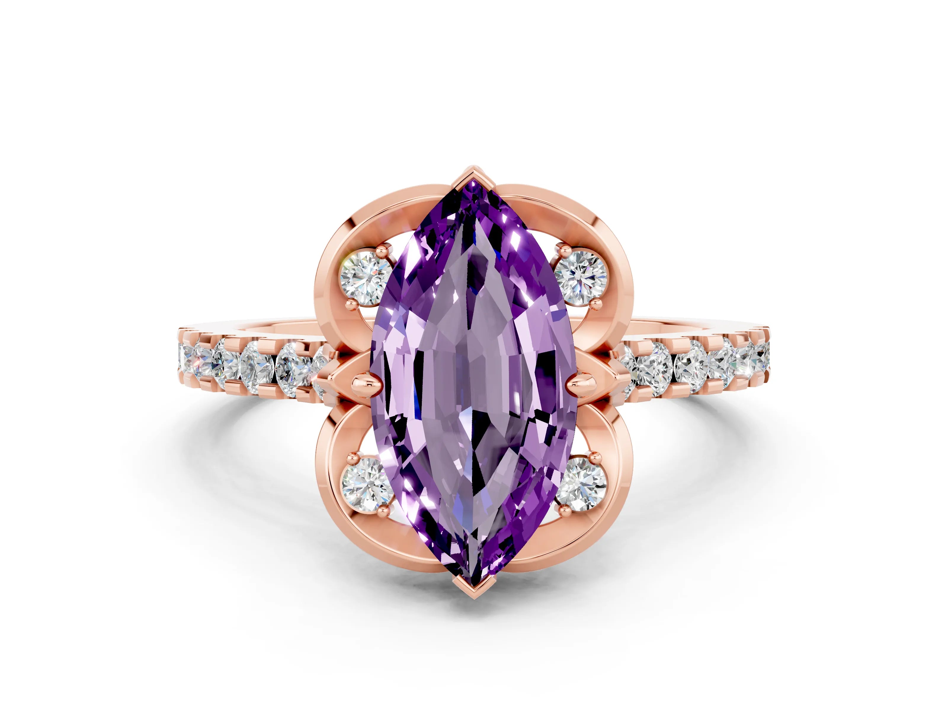 Rose gold Marquise Cut Amethyst Ring with Pavé Band and Floral Prong Setting