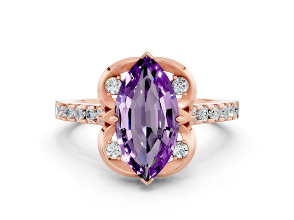 Rose gold Marquise Cut Amethyst Ring with Pavé Band and Floral Prong Setting