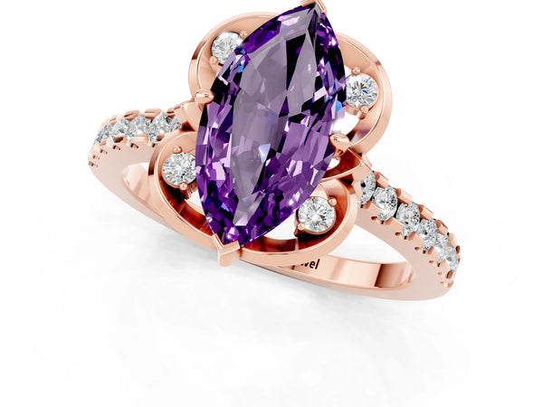 Rose gold Marquise Cut Amethyst Ring with Pavé Band and Floral Prong Setting