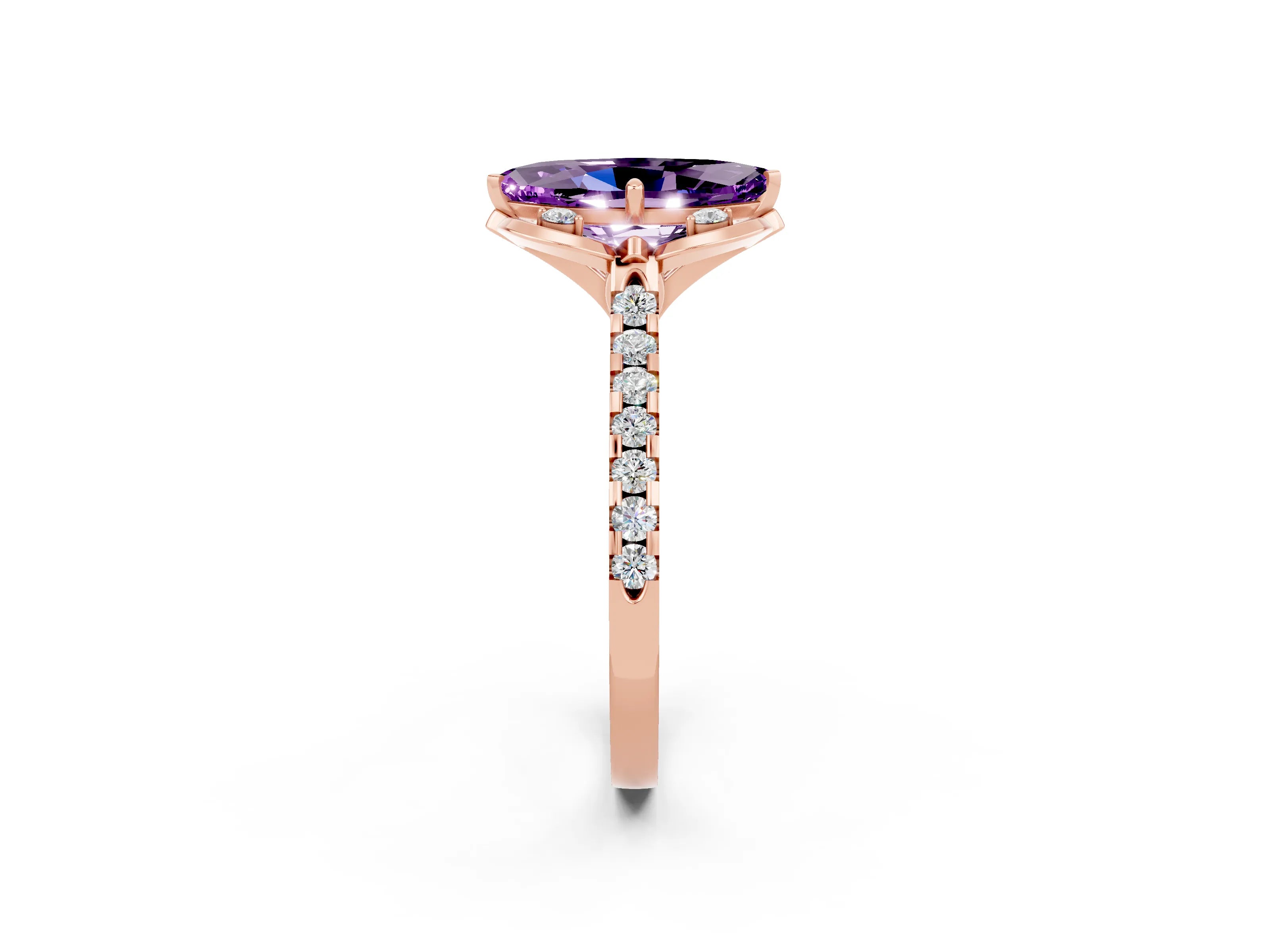 Rose gold Marquise Cut Amethyst Ring with Pavé Band and Floral Prong Setting_2