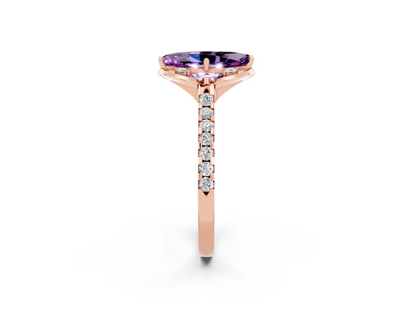 Rose gold Marquise Cut Amethyst Ring with Pavé Band and Floral Prong Setting