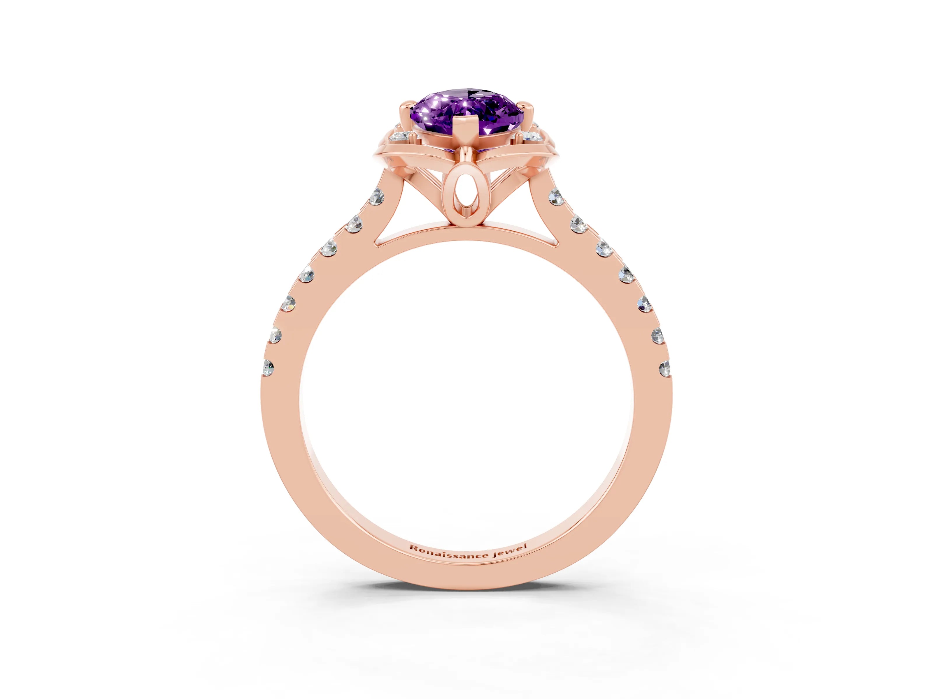 Rose gold Marquise Cut Amethyst Ring with Pavé Band and Floral Prong Setting_3