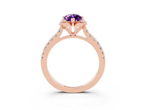 Rose gold Marquise Cut Amethyst Ring with Pavé Band and Floral Prong Setting