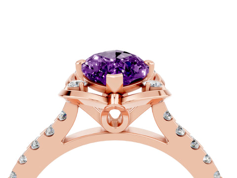 Rose gold Marquise Cut Amethyst Ring with Pavé Band and Floral Prong Setting_4