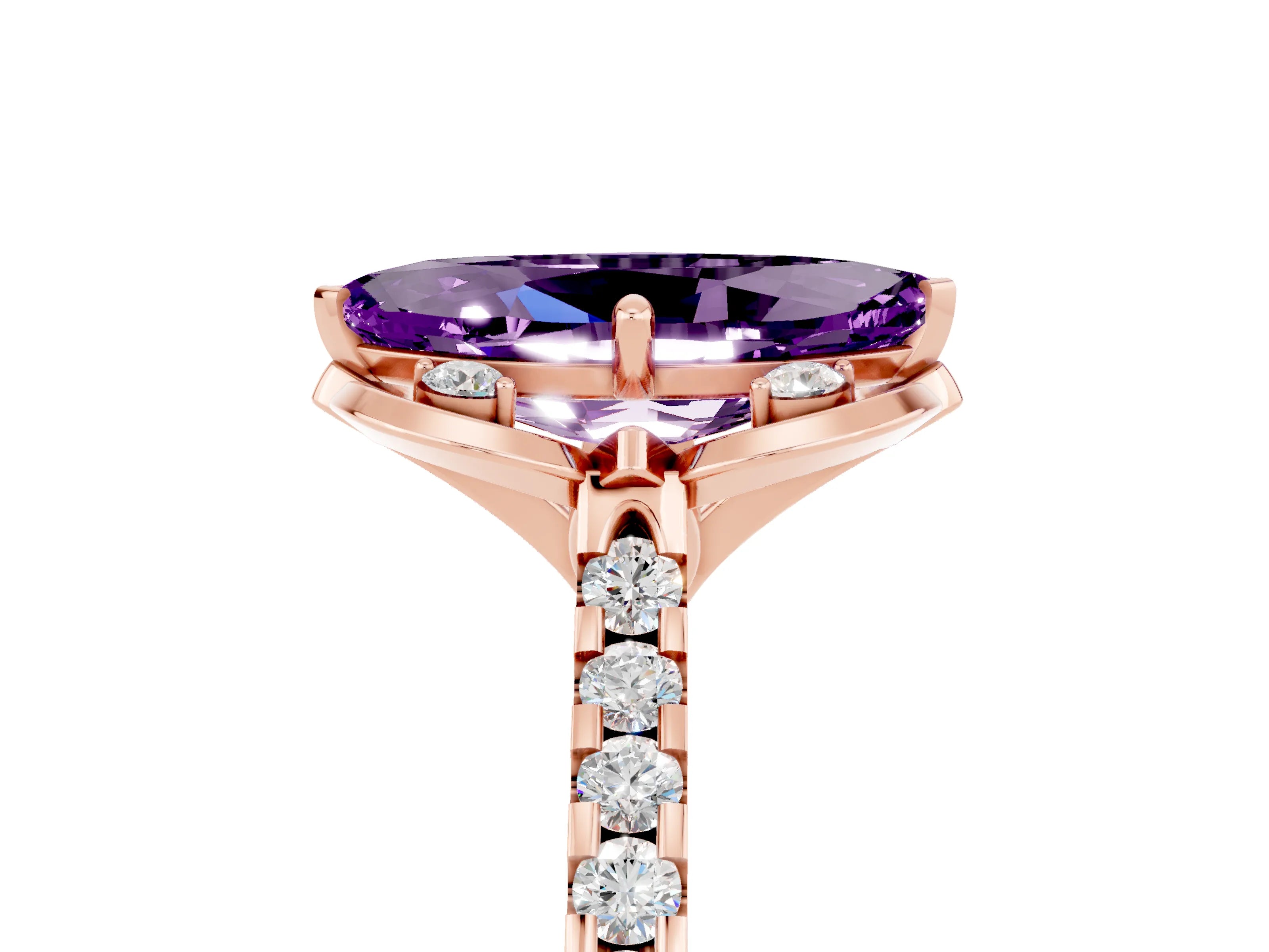 Rose gold Marquise Cut Amethyst Ring with Pavé Band and Floral Prong Setting_5
