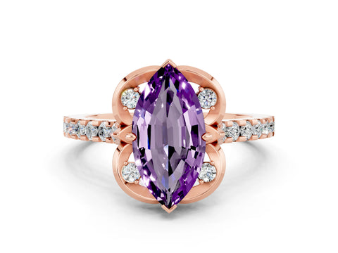Rose gold Marquise Cut Amethyst Ring with Pavé Band and Floral Prong Setting
