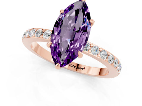 Rose gold Marquise Cut Amethyst Ring with Pavé Band and Four-Prong Setting_1