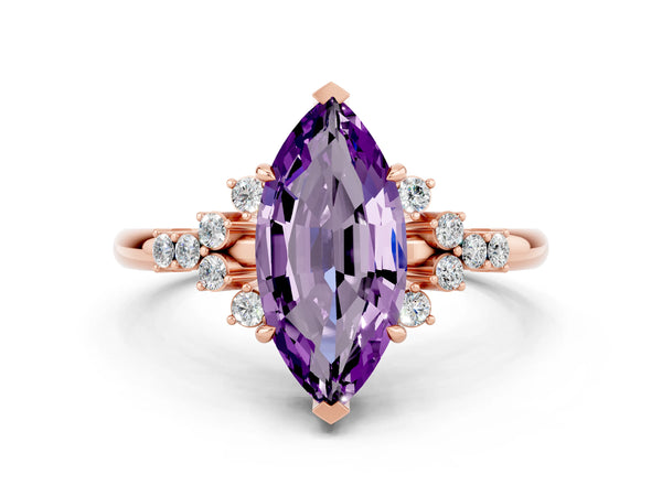 Rose gold Marquise Cut Amethyst Ring with Side Stones and Four-Prong Setting