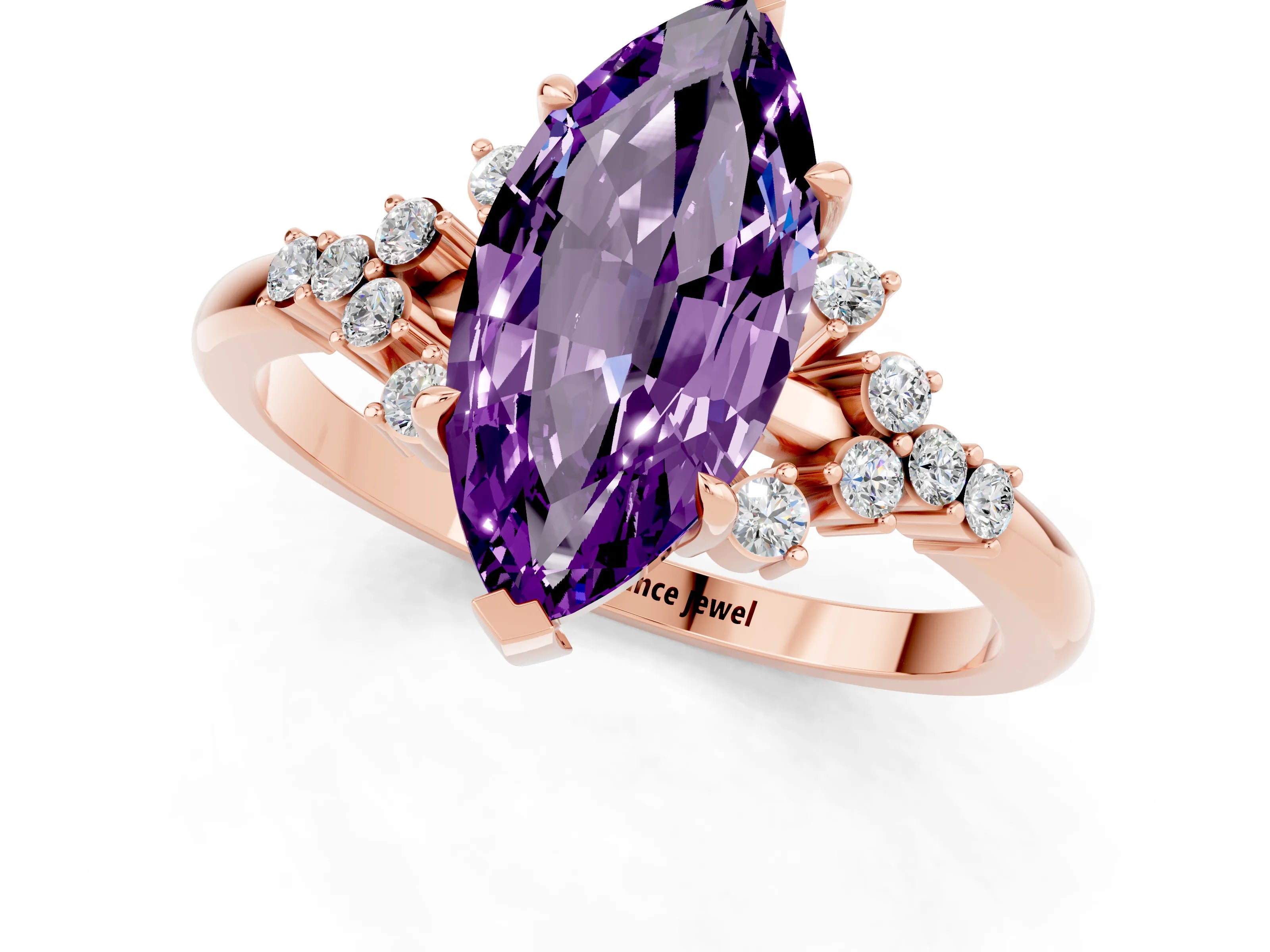 Rose gold Marquise Cut Amethyst Ring with Side Stones and Four-Prong Setting_37