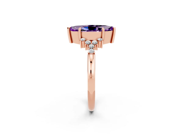 Rose gold Marquise Cut Amethyst Ring with Side Stones and Four-Prong Setting
