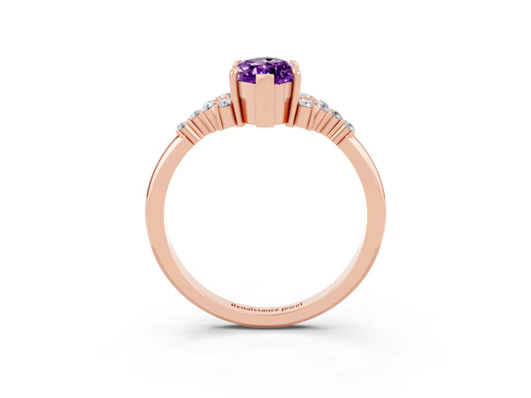 Rose gold Marquise Cut Amethyst Ring with Side Stones and Four-Prong Setting
