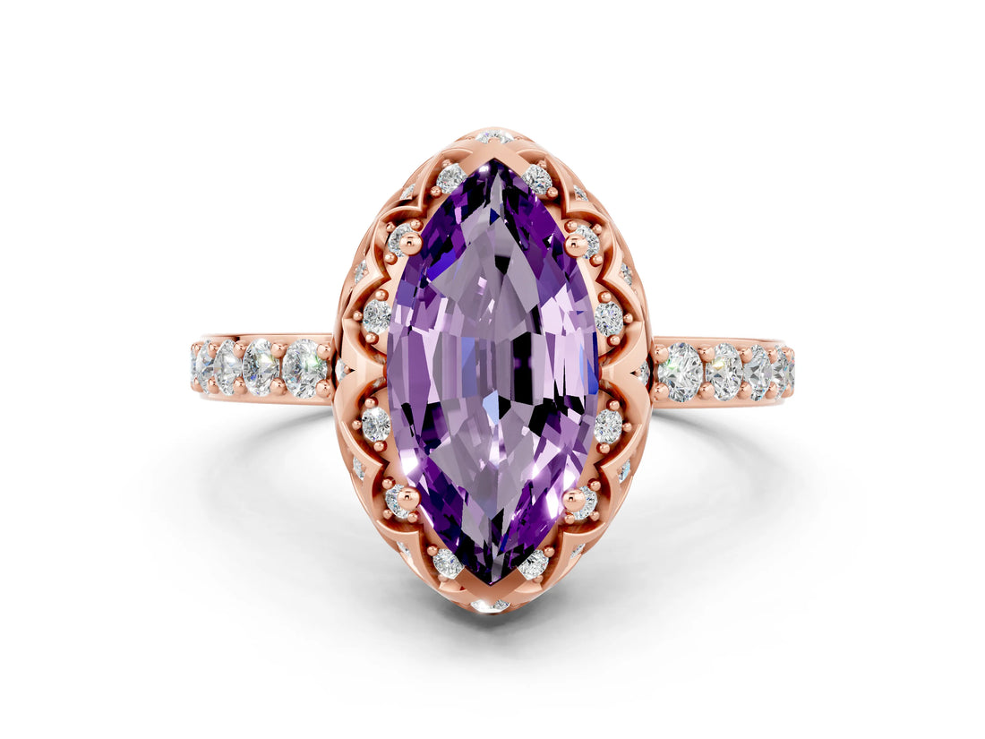 Rose gold Marquise Cut Amethyst Scalloped Halo Engagement Ring with Round Shared Prong Band_12