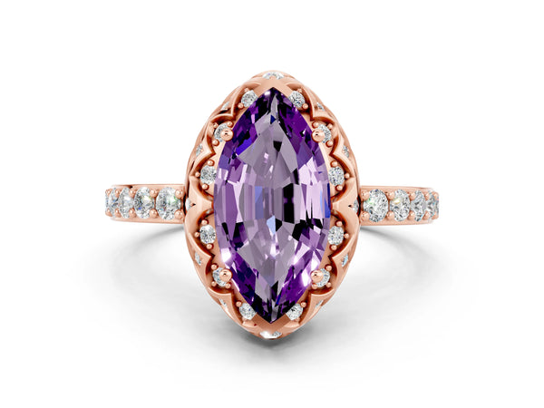Rose gold Marquise Cut Amethyst Scalloped Halo Engagement Ring with Round Shared Prong Band