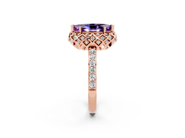 Rose gold Marquise Cut Amethyst Scalloped Halo Engagement Ring with Round Shared Prong Band
