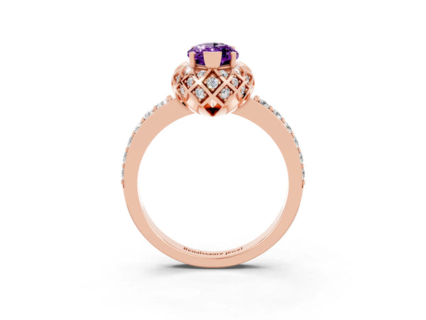 Rose gold Marquise Cut Amethyst Scalloped Halo Engagement Ring with Round Shared Prong Band