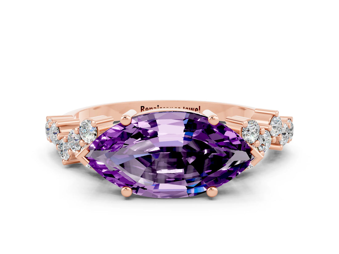 Rose gold Marquise Cut Amethyst Scattered Round Accent Ring with Prong Setting_12