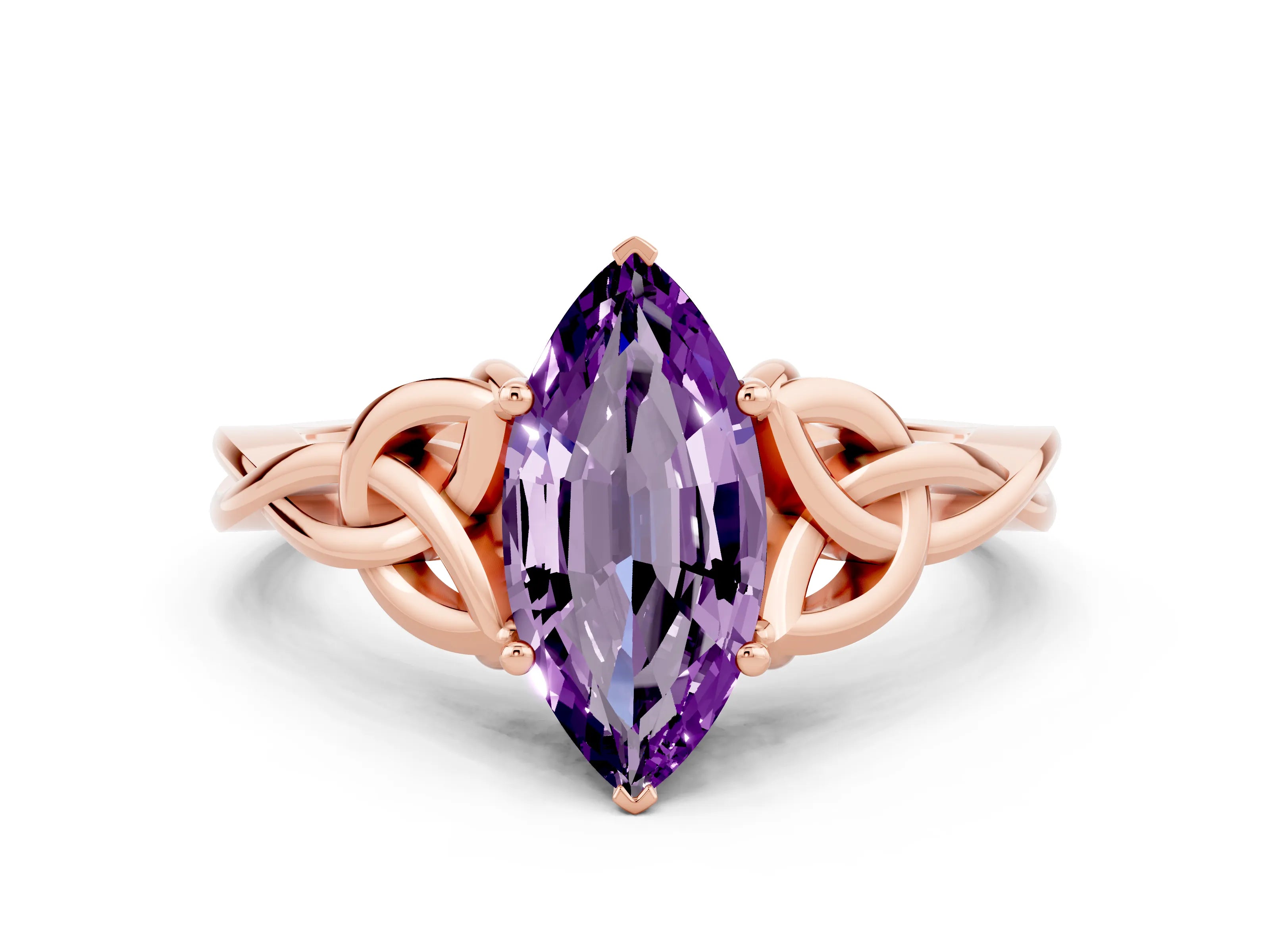 Rose gold Marquise Cut Amethyst Solitaire Celtic Knot Ring with Four-Prong Setting_12