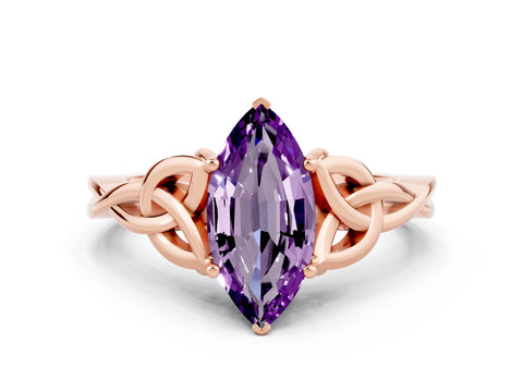 Rose gold Marquise Cut Amethyst Solitaire Celtic Knot Ring with Four-Prong Setting_12