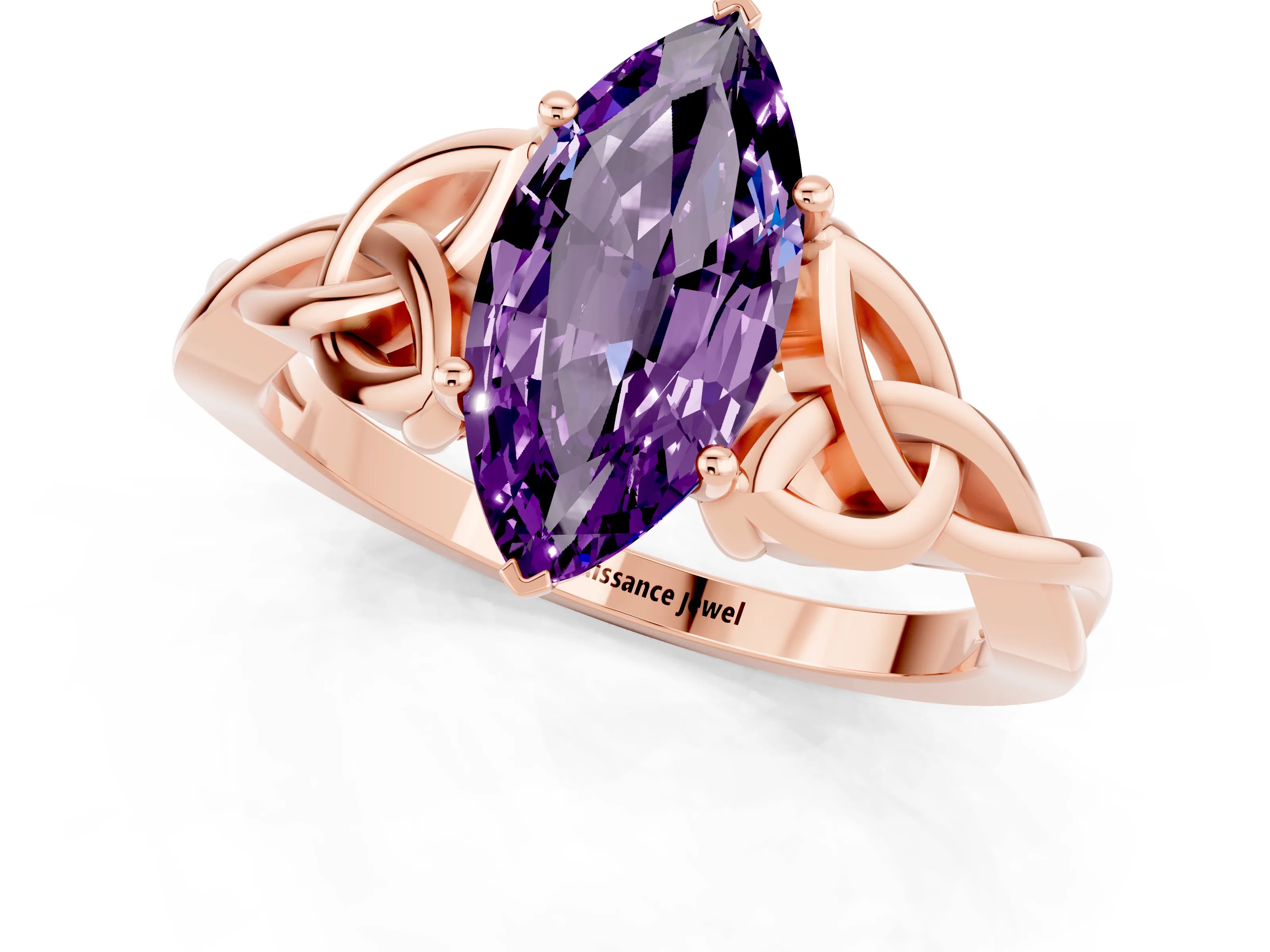 Rose gold Marquise Cut Amethyst Solitaire Celtic Knot Ring with Four-Prong Setting_13
