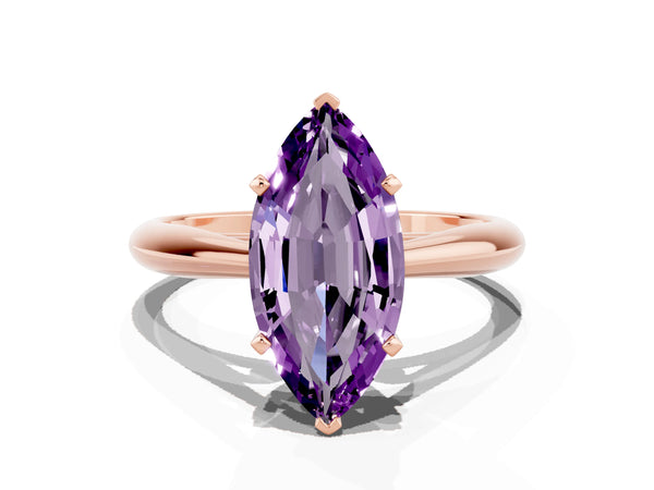 Rose gold Marquise Cut Amethyst Solitaire Engagement Ring with Cathedral Setting and Four-Prong Mount