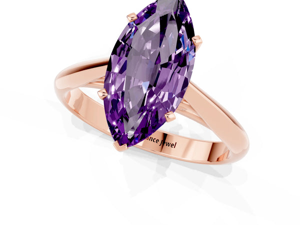 Rose gold Marquise Cut Amethyst Solitaire Engagement Ring with Cathedral Setting and Four-Prong Mount