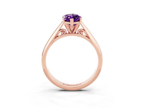Rose gold Marquise Cut Amethyst Solitaire Engagement Ring with Cathedral Setting and Four-Prong Mount