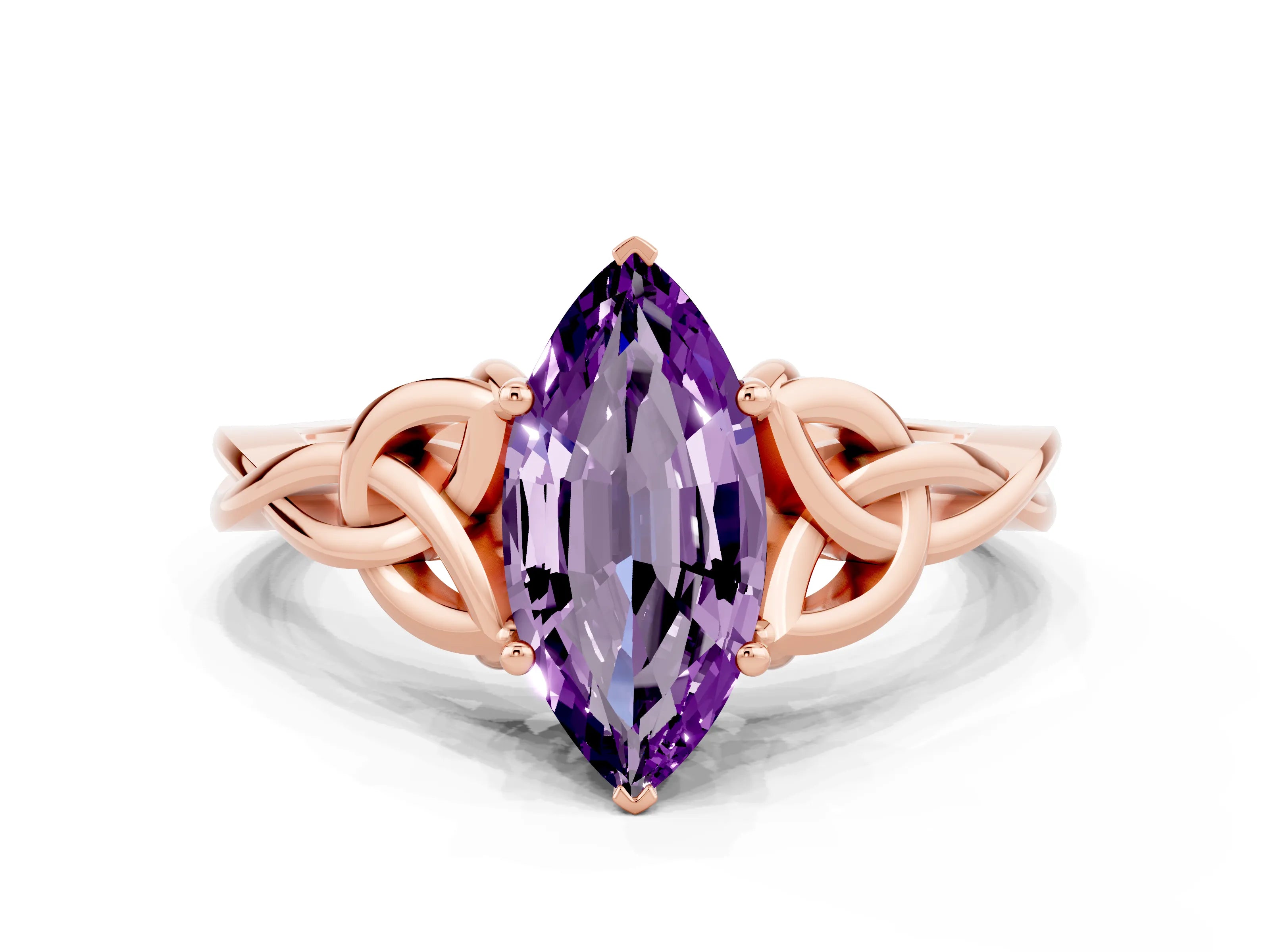Rose gold Marquise Cut Amethyst Solitaire Engagement Ring with Celtic Knot Band and Four-Prong Setting
