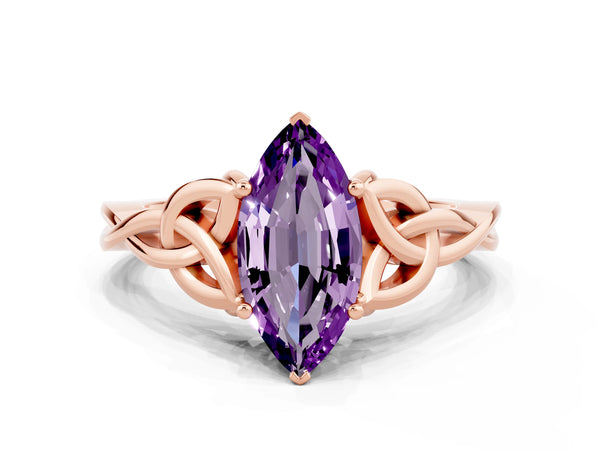Rose gold Marquise Cut Amethyst Solitaire Engagement Ring with Celtic Knot Band and Four-Prong Setting
