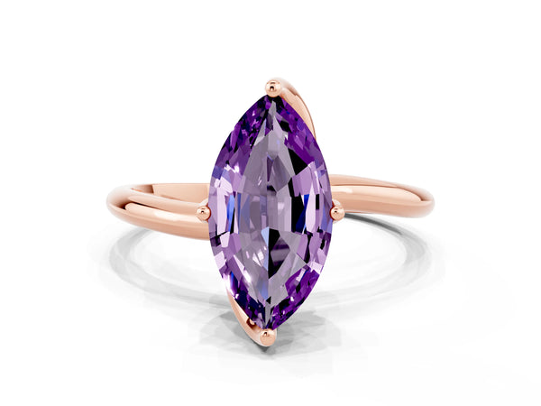 Rose gold Marquise Cut Amethyst Solitaire Engagement Ring with Four-Prong Setting and Classic Band