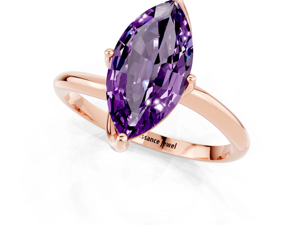Rose gold Marquise Cut Amethyst Solitaire Engagement Ring with Four-Prong Setting and Classic Band