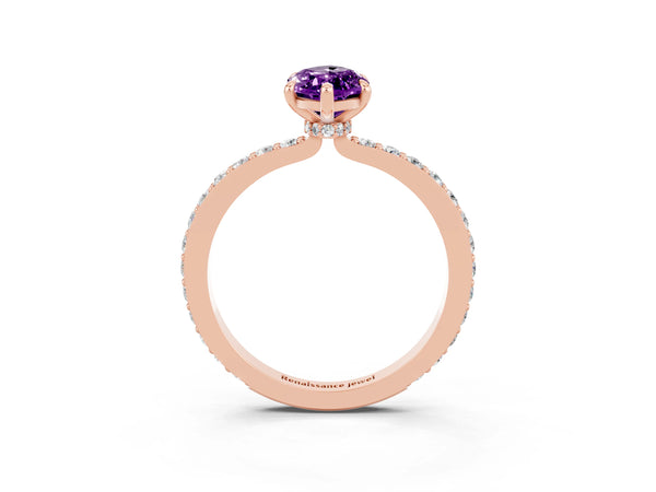 Rose gold Marquise Cut Amethyst Solitaire Engagement Ring with Pavé Band and Four-Prong Setting
