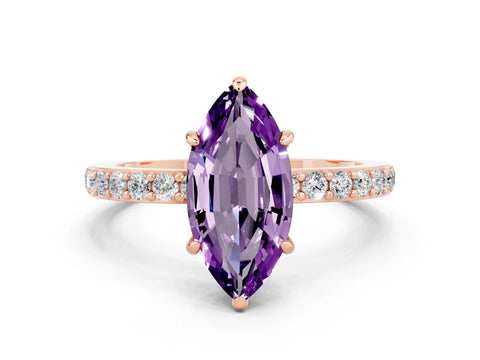Rose gold Marquise Cut Amethyst Solitaire Engagement Ring with Pavé Band and Four-Prong Setting